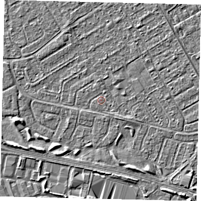 Shaded relief map of the ground around HU74AW, computed from Environment Agency LiDAR. The ground here sits at about 2 m above sea level and falls 4 m across the surrounding 800 m. Surface water reaching this point runs off ground lying to the south-east, 1.1 m higher.