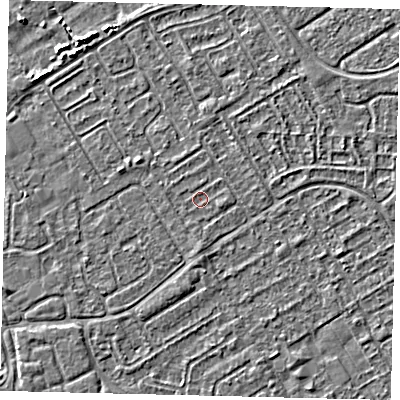 Shaded relief map of the ground around HU74AY, computed from Environment Agency LiDAR. The ground here sits at about 2 m above sea level and falls 2 m across the surrounding 800 m. Surface water reaching this point runs off ground lying to the east-south-east, 0.5 m higher.