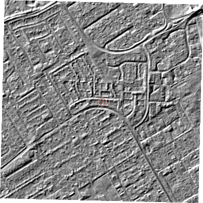 Shaded relief map of the ground around HU74BD, computed from Environment Agency LiDAR. The ground here sits at about 2 m above sea level and falls 3 m across the surrounding 800 m. Surface water reaching this point runs off ground lying to the west-south-west, 1.0 m higher.