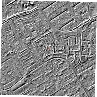 Shaded relief map of the ground around HU74BE, computed from Environment Agency LiDAR. The ground here sits at about 2 m above sea level and falls 3 m across the surrounding 800 m. Surface water reaching this point runs off ground lying to the east, 0.9 m higher.
