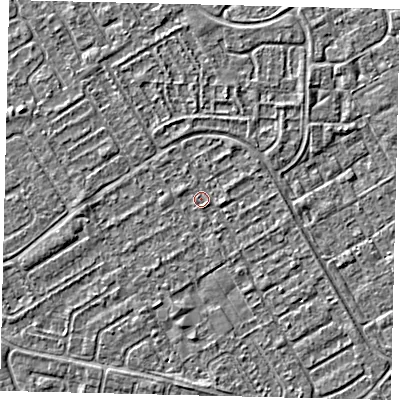 Shaded relief map of the ground around HU74BH, computed from Environment Agency LiDAR. The ground here sits at about 2 m above sea level and falls 2 m across the surrounding 800 m. Surface water reaching this point runs off ground lying to the east, 0.8 m higher.