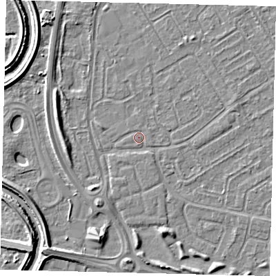 Shaded relief map of the ground around HU74BJ, computed from Environment Agency LiDAR. The ground here sits at about 2 m above sea level and falls 5 m across the surrounding 800 m. Surface water reaching this point runs off ground lying to the west-north-west, 3.2 m higher.