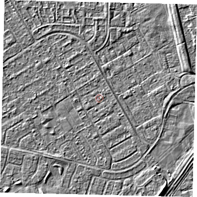 Shaded relief map of the ground around HU74BN, computed from Environment Agency LiDAR. The ground here sits at about 2 m above sea level and falls 3 m across the surrounding 800 m. Surface water reaching this point runs off ground lying to the east, 0.5 m higher.