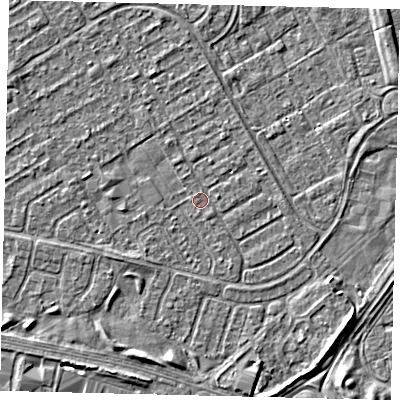 Shaded relief map of the ground around HU74BP, computed from Environment Agency LiDAR. The ground here sits at about 2 m above sea level and falls 3 m across the surrounding 800 m. Surface water reaching this point runs off ground lying to the south-west, 1.1 m higher.