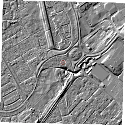 Shaded relief map of the ground around HU74BS, computed from Environment Agency LiDAR. The ground here sits at about 2 m above sea level and falls 9 m across the surrounding 800 m. Surface water reaching this point runs off ground lying to the north-north-east, 0.7 m higher.