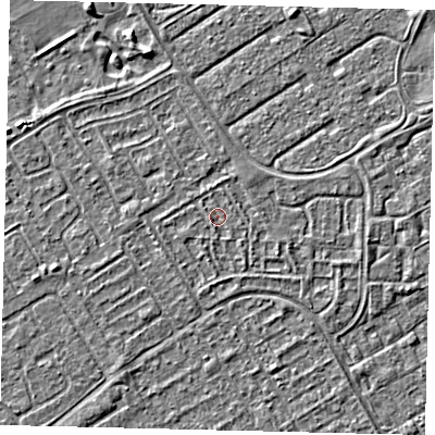 Shaded relief map of the ground around HU74BU, computed from Environment Agency LiDAR. The ground here sits at about 2 m above sea level and falls 3 m across the surrounding 800 m. Surface water reaching this point runs off ground lying to the west, 0.6 m higher.