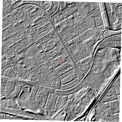 Shaded relief map of the ground around HU74BW, computed from Environment Agency LiDAR. The ground here sits at about 2 m above sea level and falls 5 m across the surrounding 800 m. Surface water reaching this point runs off ground lying to the east-south-east, 0.5 m higher.