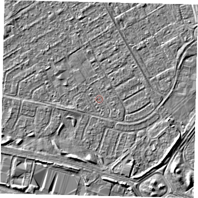Shaded relief map of the ground around HU74BY, computed from Environment Agency LiDAR. The ground here sits at about 2 m above sea level and falls 3 m across the surrounding 800 m. Surface water reaching this point runs off ground lying to the west-south-west, 1.1 m higher.