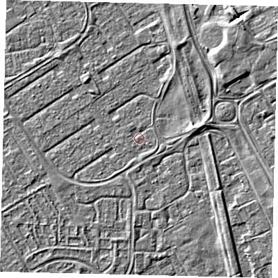 Shaded relief map of the ground around HU74DA, computed from Environment Agency LiDAR. The ground here sits at about 2 m above sea level and falls 5 m across the surrounding 800 m. Surface water reaching this point runs off ground lying to the north-east, 4.3 m higher.