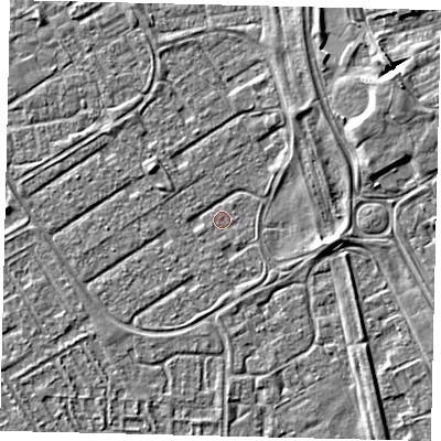 Shaded relief map of the ground around HU74DB, computed from Environment Agency LiDAR. The ground here sits at about 1 m above sea level and falls 5 m across the surrounding 800 m. Surface water reaching this point runs off ground lying to the north-east, 4.4 m higher.