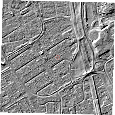 Shaded relief map of the ground around HU74DD, computed from Environment Agency LiDAR. The ground here sits at about 2 m above sea level and falls 5 m across the surrounding 800 m. Surface water reaching this point runs off ground lying to the east-north-east, 4.4 m higher.