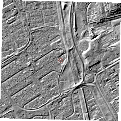 Shaded relief map of the ground around HU74DE, computed from Environment Agency LiDAR. The ground here sits at about 2 m above sea level and falls 6 m across the surrounding 800 m. Surface water reaching this point runs off ground lying to the east, 4.9 m higher.