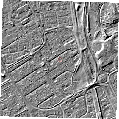 Shaded relief map of the ground around HU74DG, computed from Environment Agency LiDAR. The ground here sits at about 2 m above sea level and falls 5 m across the surrounding 800 m. Surface water reaching this point runs off ground lying to the east-north-east, 4.4 m higher.
