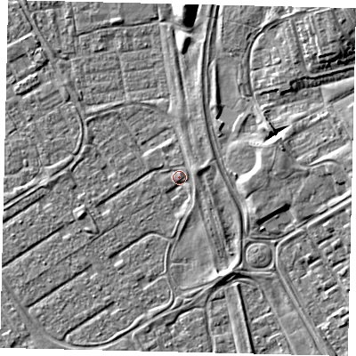 Shaded relief map of the ground around HU74DH, computed from Environment Agency LiDAR. The ground here sits at about 2 m above sea level and falls 7 m across the surrounding 800 m. Surface water reaching this point runs off ground lying to the south-south-east, 2.3 m higher.