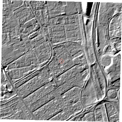 Shaded relief map of the ground around HU74DJ, computed from Environment Agency LiDAR. The ground here sits at about 2 m above sea level and falls 9 m across the surrounding 800 m. Surface water reaching this point runs off ground lying to the south-east, 2.4 m higher.