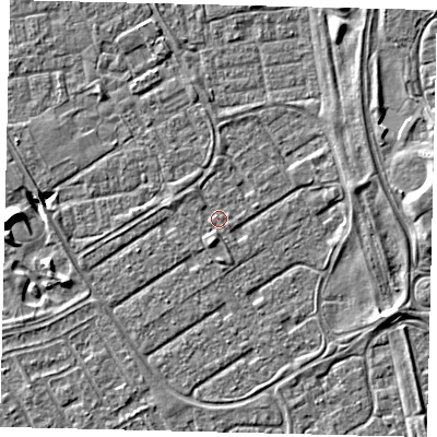 Shaded relief map of the ground around HU74DL, computed from Environment Agency LiDAR. The ground here sits at about 2 m above sea level and falls 6 m across the surrounding 800 m. Surface water reaching this point runs off ground lying to the east-south-east, 2.4 m higher.