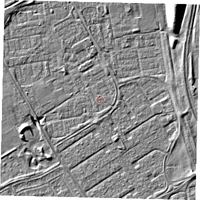 Shaded relief map of the ground around HU74DN, computed from Environment Agency LiDAR. The ground here sits at about 2 m above sea level and falls 9 m across the surrounding 800 m. Surface water reaching this point runs off ground lying to the east, 2.3 m higher.