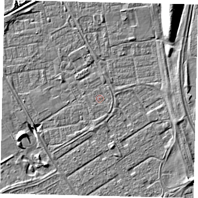 Shaded relief map of the ground around HU74DP, computed from Environment Agency LiDAR. The ground here sits at about 2 m above sea level and falls 10 m across the surrounding 800 m. Surface water reaching this point runs off ground lying to the east-north-east, 0.6 m higher.