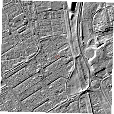 Shaded relief map of the ground around HU74DQ, computed from Environment Agency LiDAR. The ground here sits at about 2 m above sea level and falls 6 m across the surrounding 800 m. Surface water reaching this point runs off ground lying to the south-east, 2.3 m higher.