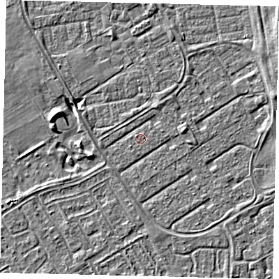 Shaded relief map of the ground around HU74DU, computed from Environment Agency LiDAR. The ground here sits at about 2 m above sea level and falls 6 m across the surrounding 800 m. Surface water reaching this point runs off ground lying to the north-west, 0.7 m higher.