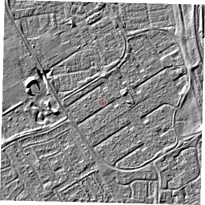 Shaded relief map of the ground around HU74DX, computed from Environment Agency LiDAR. The ground here sits at about 2 m above sea level and falls 6 m across the surrounding 800 m. Surface water reaching this point runs off ground lying to the east-north-east, 1.5 m higher.