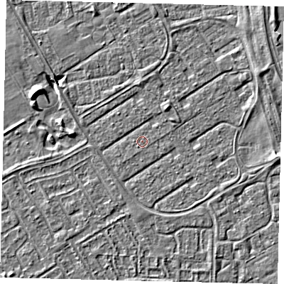Shaded relief map of the ground around HU74DY, computed from Environment Agency LiDAR. The ground here sits at about 2 m above sea level and falls 6 m across the surrounding 800 m. Surface water reaching this point runs off ground lying to the east-north-east, 2.3 m higher.