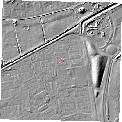 Shaded relief map of the ground around HU74EL, computed from Environment Agency LiDAR. The ground here sits at about 2 m above sea level and falls 9 m across the surrounding 800 m. The ground contributing surface water to this point lies to the north-north-east.