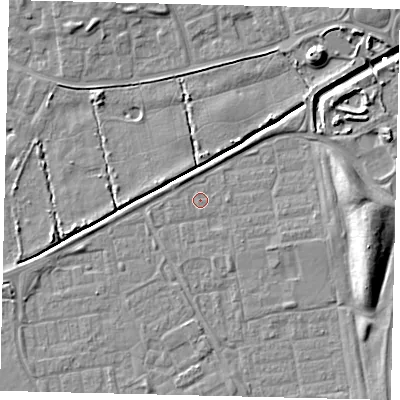 Shaded relief map of the ground around HU74EP, computed from Environment Agency LiDAR. The ground here sits at about 2 m above sea level and falls 9 m across the surrounding 800 m. Surface water reaching this point runs off ground lying to the east, 6.5 m higher.