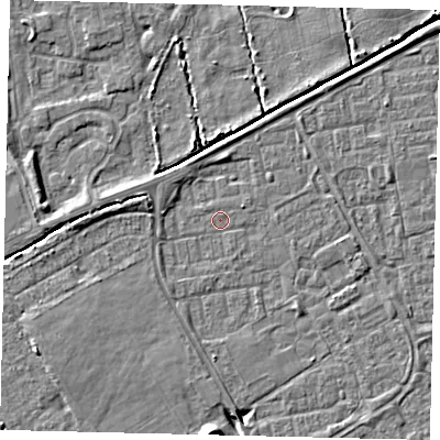 Shaded relief map of the ground around HU74EU, computed from Environment Agency LiDAR. The ground here sits at about 1 m above sea level and falls 6 m across the surrounding 800 m. Surface water reaching this point runs off ground lying to the west, 2.3 m higher.