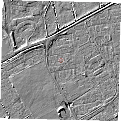 Shaded relief map of the ground around HU74EX, computed from Environment Agency LiDAR. The ground here sits at about 1 m above sea level and falls 6 m across the surrounding 800 m. Surface water reaching this point runs off ground lying to the south, 3.0 m higher.