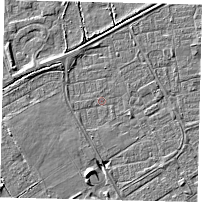 Shaded relief map of the ground around HU74EY, computed from Environment Agency LiDAR. The ground here sits at about 1 m above sea level and falls 6 m across the surrounding 800 m. Surface water reaching this point runs off ground lying to the west-south-west, 1.0 m higher.