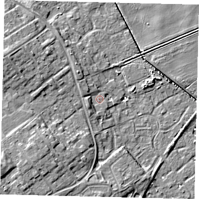 Shaded relief map of the ground around HU74FG, computed from Environment Agency LiDAR. The ground here sits at about 2 m above sea level and falls 12 m across the surrounding 800 m. Surface water reaching this point runs off ground lying to the west-south-west, 2.4 m higher.