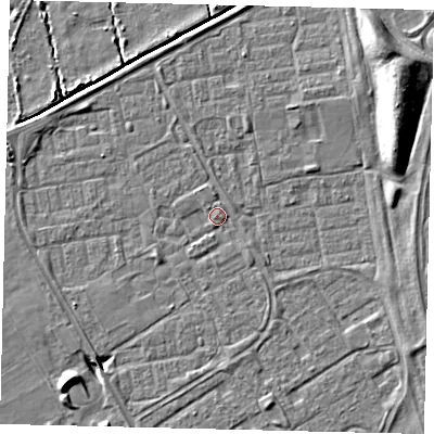Shaded relief map of the ground around HU74HE, computed from Environment Agency LiDAR. The ground here sits at about 2 m above sea level and falls 10 m across the surrounding 800 m. Surface water reaching this point runs off ground lying to the north, 3.6 m higher.