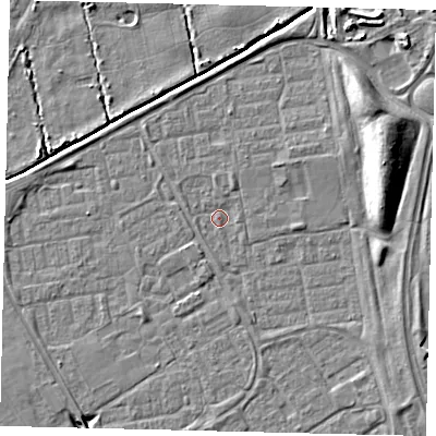 Shaded relief map of the ground around HU74HH, computed from Environment Agency LiDAR. The ground here sits at about 2 m above sea level and falls 10 m across the surrounding 800 m. Surface water reaching this point runs off ground lying to the north, 0.9 m higher.