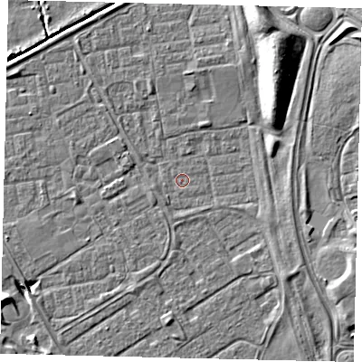 Shaded relief map of the ground around HU74HJ, computed from Environment Agency LiDAR. The ground here sits at about 1 m above sea level and falls 10 m across the surrounding 800 m. Surface water reaching this point runs off ground lying to the east-south-east, 1.5 m higher.