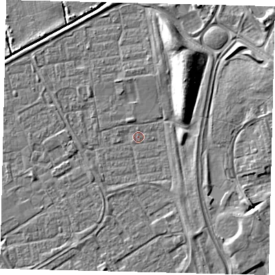 Shaded relief map of the ground around HU74HL, computed from Environment Agency LiDAR. The ground here sits at about 2 m above sea level and falls 9 m across the surrounding 800 m. Surface water reaching this point runs off ground lying to the north-east, 7.7 m higher.