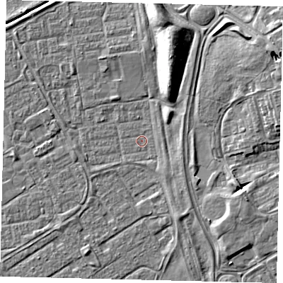 Shaded relief map of the ground around HU74HN, computed from Environment Agency LiDAR. The ground here sits at about 2 m above sea level and falls 9 m across the surrounding 800 m. Surface water reaching this point runs off ground lying to the south-east, 1.5 m higher.