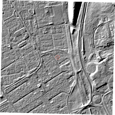 Shaded relief map of the ground around HU74HP, computed from Environment Agency LiDAR. The ground here sits at about 2 m above sea level and falls 8 m across the surrounding 800 m. Surface water reaching this point runs off ground lying to the south-east, 2.3 m higher.
