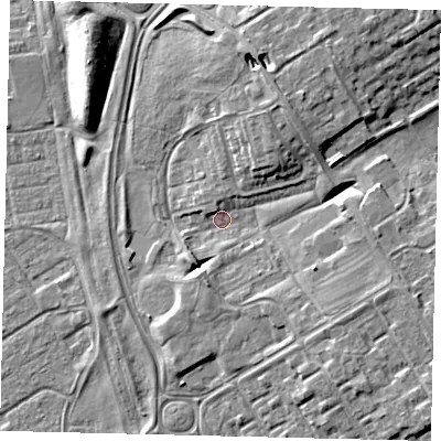 Shaded relief map of the ground around HU74HT, computed from Environment Agency LiDAR. The ground here sits at about 3 m above sea level and falls 8 m across the surrounding 800 m. Surface water reaching this point runs off ground lying to the north-north-east, 6.0 m higher.