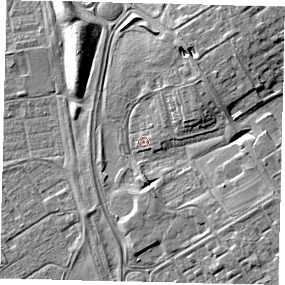 Shaded relief map of the ground around HU74HU, computed from Environment Agency LiDAR. The ground here sits at about 4 m above sea level and falls 8 m across the surrounding 800 m. Surface water reaching this point runs off ground lying to the east, 1.4 m higher.