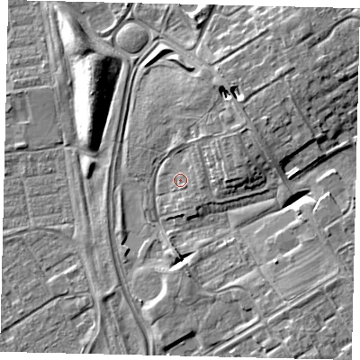 Shaded relief map of the ground around HU74HX, computed from Environment Agency LiDAR. The ground here sits at about 4 m above sea level and falls 8 m across the surrounding 800 m. Surface water reaching this point runs off ground lying to the north-east, 1.4 m higher.