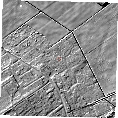Shaded relief map of the ground around HU74JT, computed from Environment Agency LiDAR. The ground here sits at about 1 m above sea level and falls 9 m across the surrounding 800 m. Surface water reaching this point runs off ground lying to the south, 3.4 m higher.