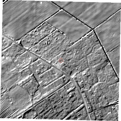 Shaded relief map of the ground around HU74JU, computed from Environment Agency LiDAR. The ground here sits at about 2 m above sea level and falls 9 m across the surrounding 800 m. Surface water reaching this point runs off ground lying to the south, 1.7 m higher.