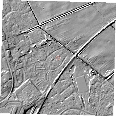 Shaded relief map of the ground around HU74PS, computed from Environment Agency LiDAR. The ground here sits at about 0 m above sea level and falls 8 m across the surrounding 800 m. Surface water reaching this point runs off ground lying to the south, 1.9 m higher.