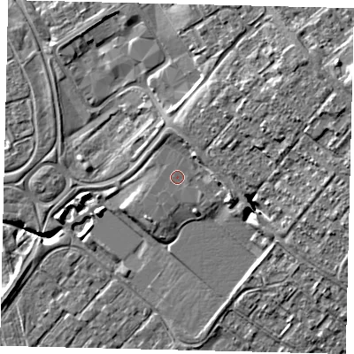Shaded relief map of the ground around HU74PW, computed from Environment Agency LiDAR. The ground here sits at about 5 m above sea level and falls 12 m across the surrounding 800 m. The ground contributing surface water to this point lies to the south-east.