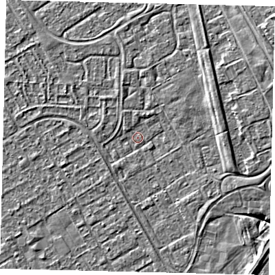 Shaded relief map of the ground around HU74PY, computed from Environment Agency LiDAR. The ground here sits at about 1 m above sea level and falls 5 m across the surrounding 800 m. Surface water reaching this point runs off ground lying to the south-west, 1.1 m higher.