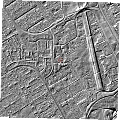 Shaded relief map of the ground around HU74QA, computed from Environment Agency LiDAR. The ground here sits at about 2 m above sea level and falls 5 m across the surrounding 800 m. Surface water reaching this point runs off ground lying to the north-north-west, 0.9 m higher.