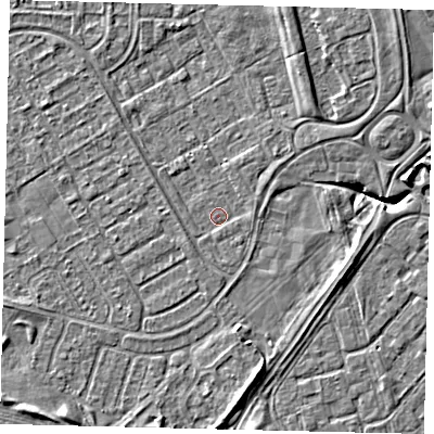 Shaded relief map of the ground around HU74QB, computed from Environment Agency LiDAR. The ground here sits at about 2 m above sea level and falls 5 m across the surrounding 800 m. Surface water reaching this point runs off ground lying to the south-west, 0.8 m higher.