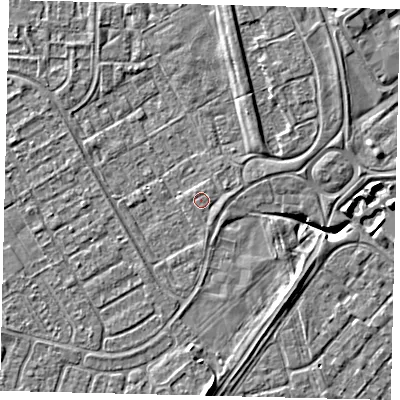 Shaded relief map of the ground around HU74QD, computed from Environment Agency LiDAR. The ground here sits at about 2 m above sea level and falls 6 m across the surrounding 800 m. Surface water reaching this point runs off ground lying to the east-south-east, 0.7 m higher.