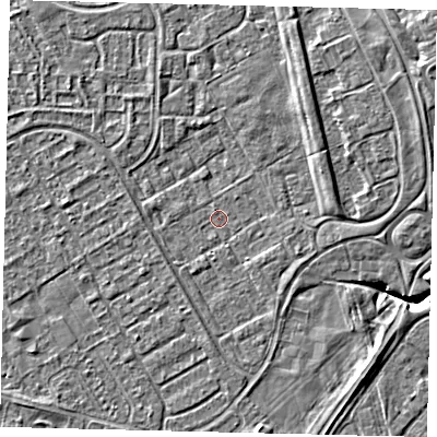 Shaded relief map of the ground around HU74QE, computed from Environment Agency LiDAR. The ground here sits at about 1 m above sea level and falls 6 m across the surrounding 800 m. Surface water reaching this point runs off ground lying to the north-east, 2.7 m higher.